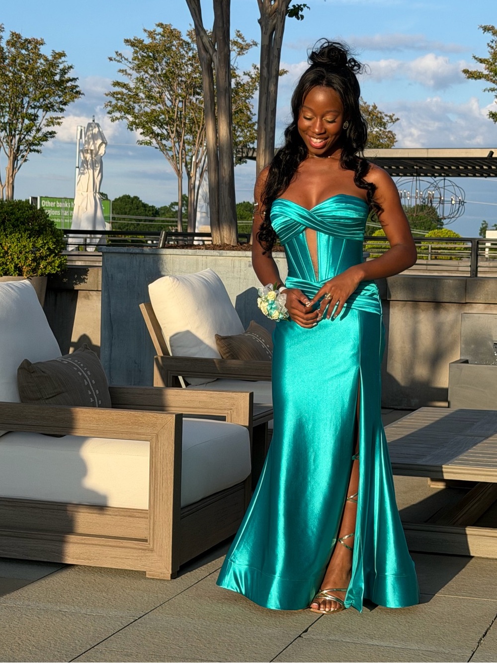 Sherri Hill Teal Strapless Mermaid Prom Dress